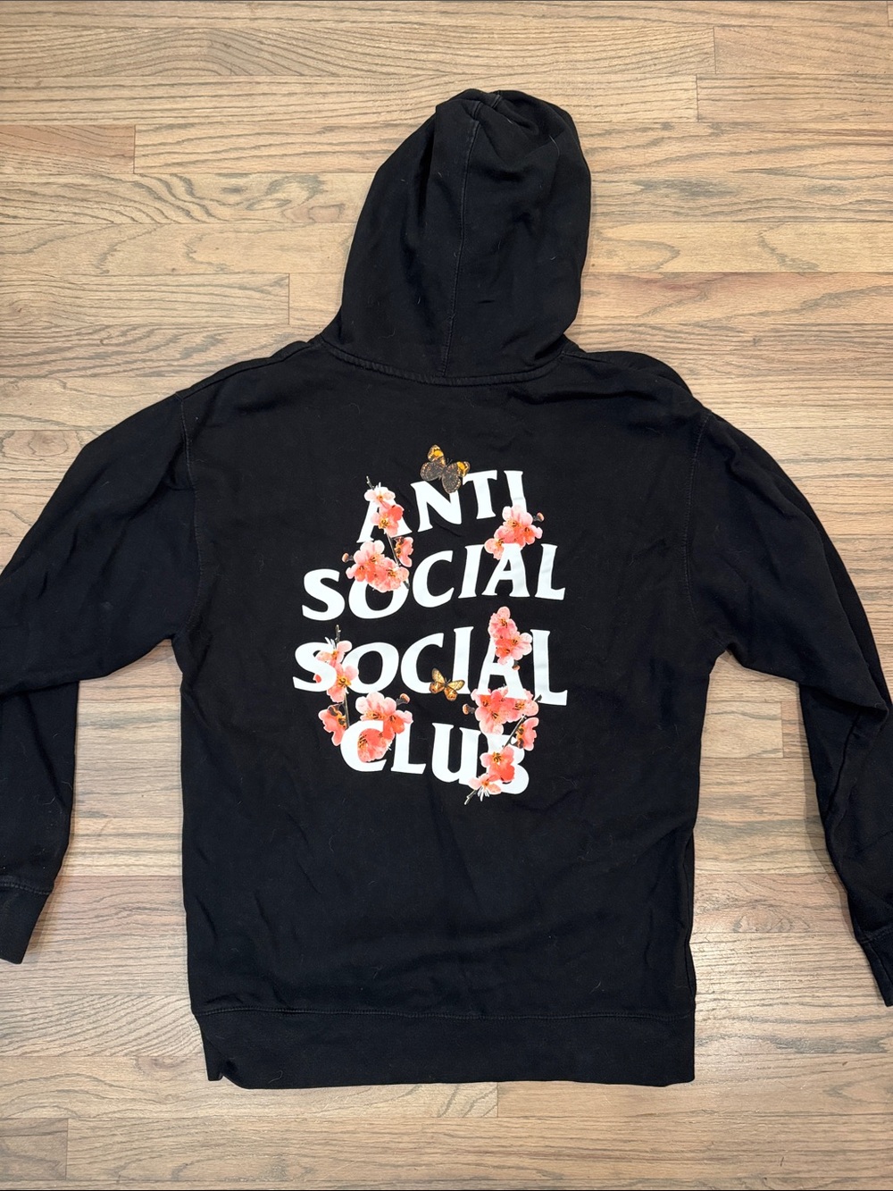Anti Social Social Club Black Hoodie with Pink Floral Logo